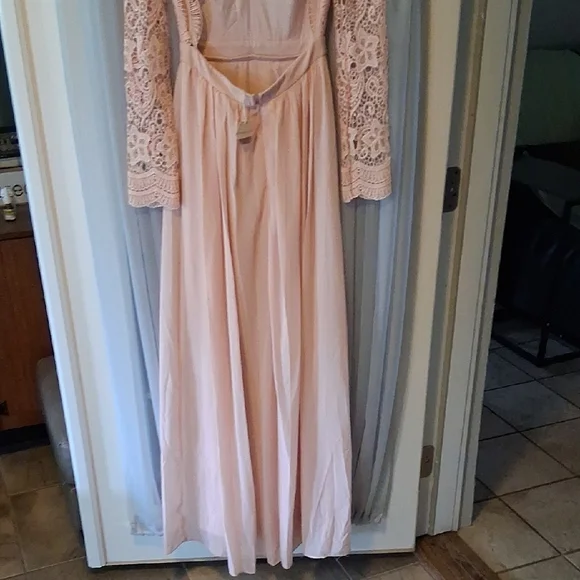 New Pinkblush Pink Long Sleeve Gown with Plunge Neckline - Picture 3 of 7